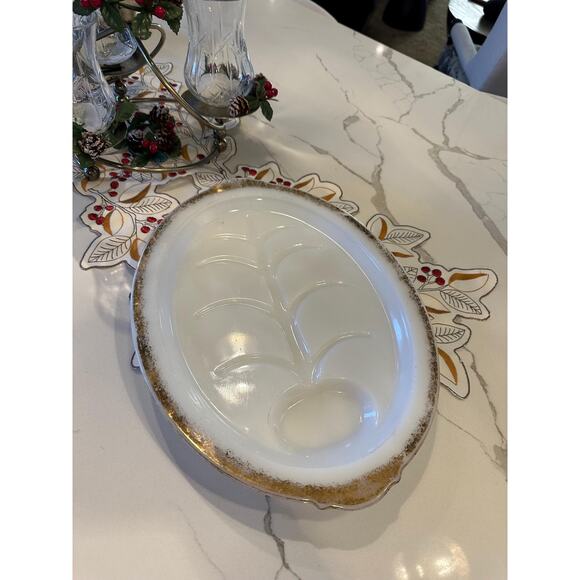 Fire King Tree of Life Meat Platter milk glass with gold edge rim 11x15 - Picture 3 of 9